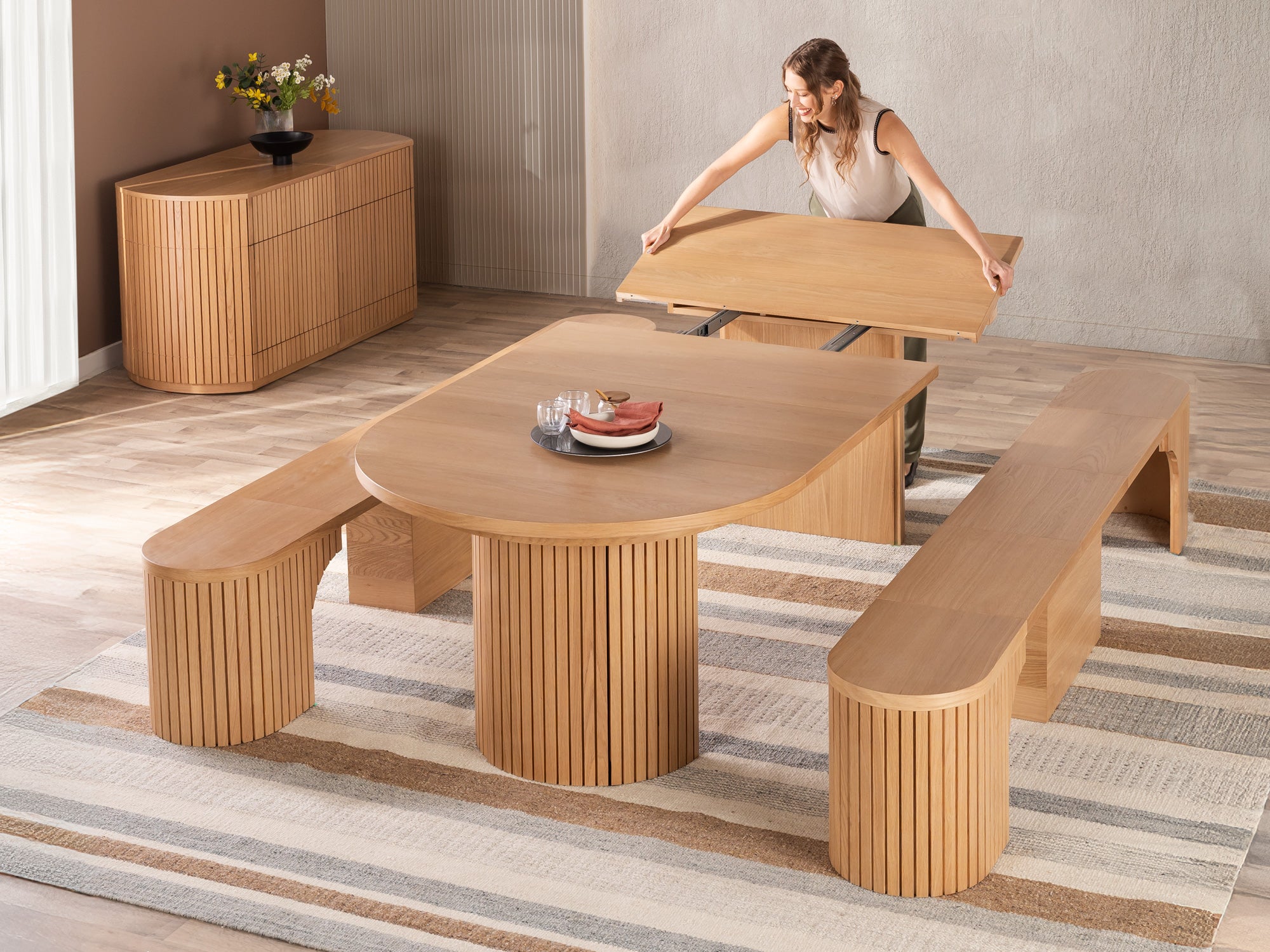 ダイニングテーブル FRNHT round table Round Extendable Table with Round Wood Benches Set | TT ROW