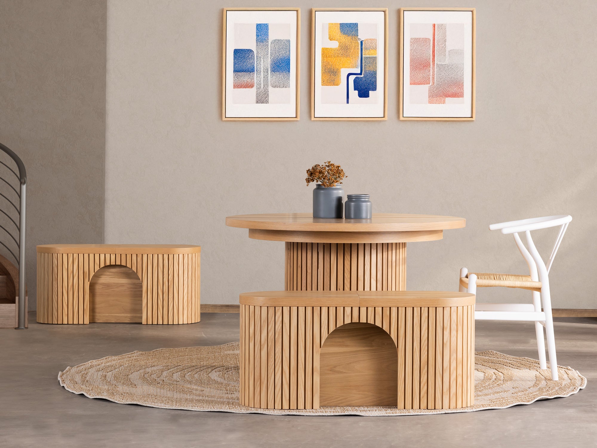 Round Extendable Table with Round Wood Benches Set | TT ROW