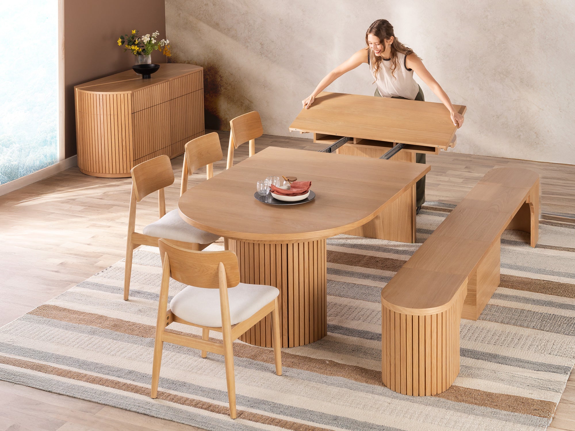 Round Expandable Dining Table with Chairs and Bench | TT ROW