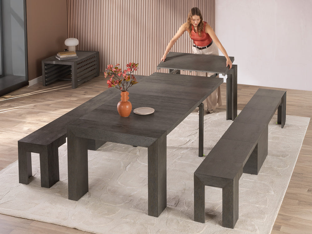 American Silver Birch::Gallery::Expanded Siberian Birch Transformer Table Shown with Bench