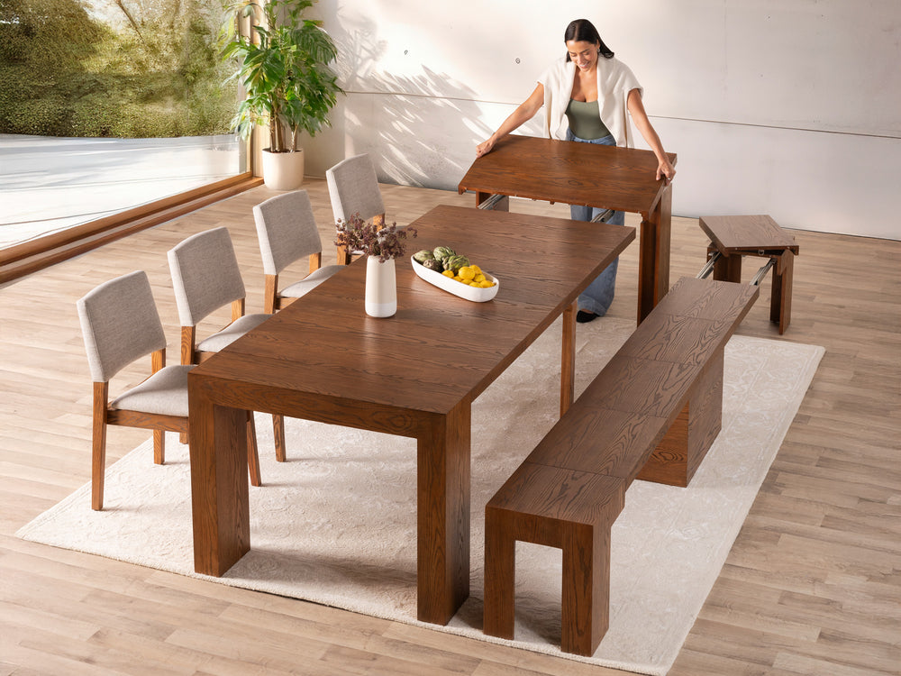 American Walnut::Gallery::Expanded American Walnut Transformer Table Shown with Bench