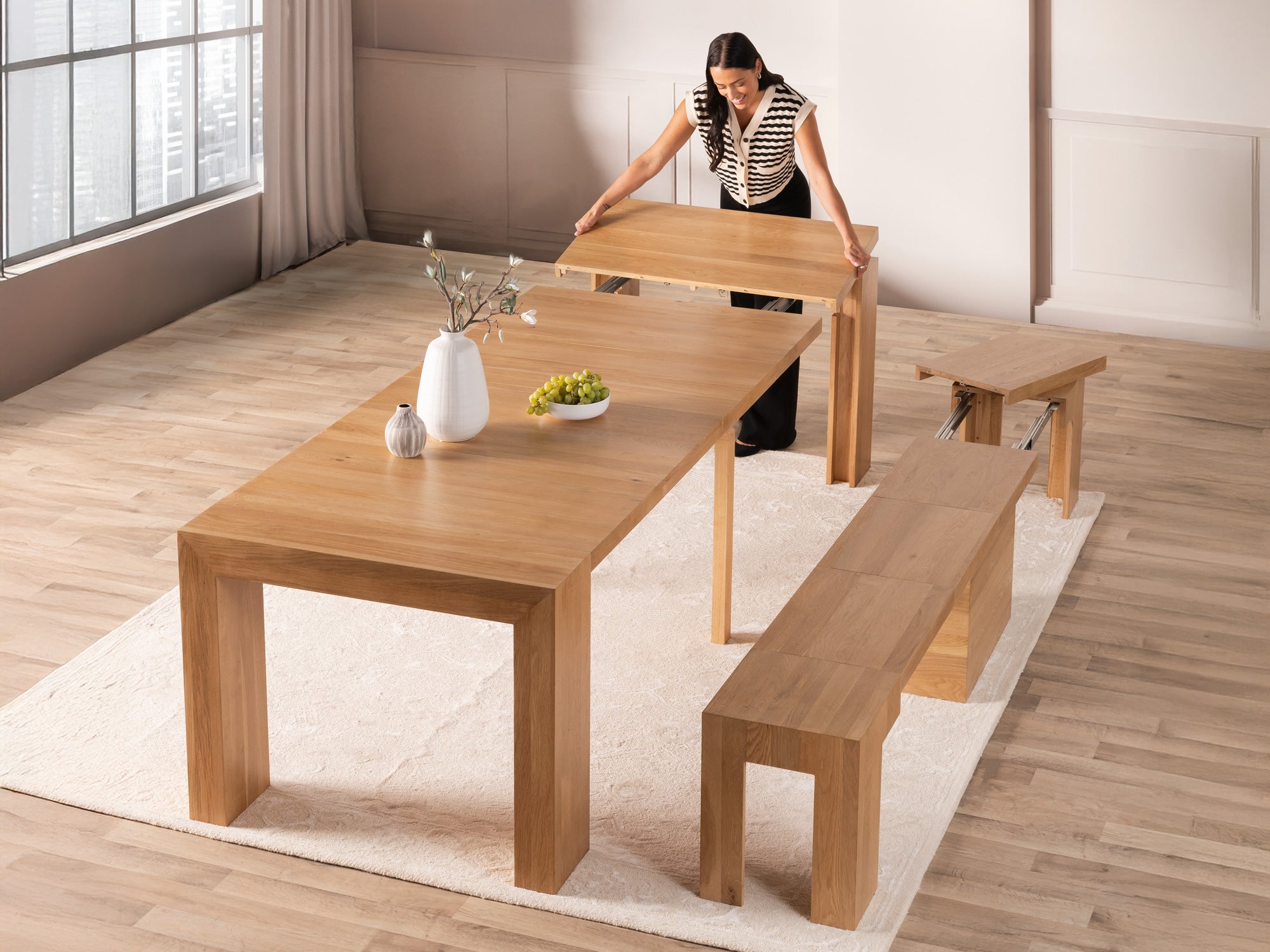 Expandable Dining Table and Wood Bench Dining Set | TT ROW